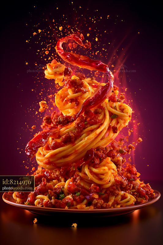 Spaghetti dish with sauce and ingredients in a dynamic splash