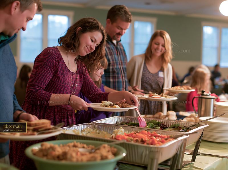 Community members enjoying a buffet at a church gathering