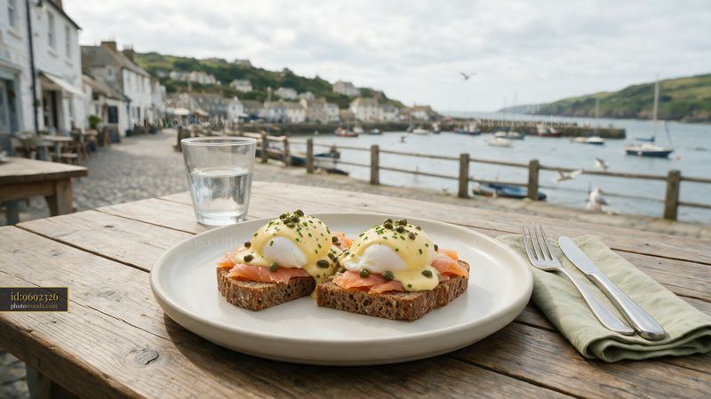 Poached eggs with smoked salmon by a seaside harbor