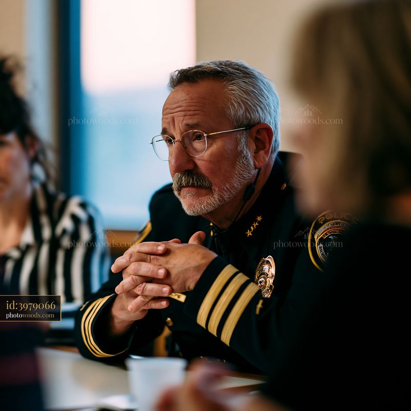 Police chief listening at a formal community meeting