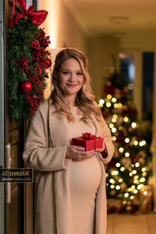 Pregnant woman holding Christmas gift beside decorated apartment door