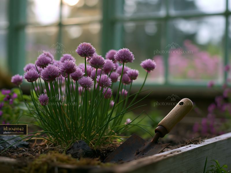 Purple chive flowers blooming in a garden herb bed