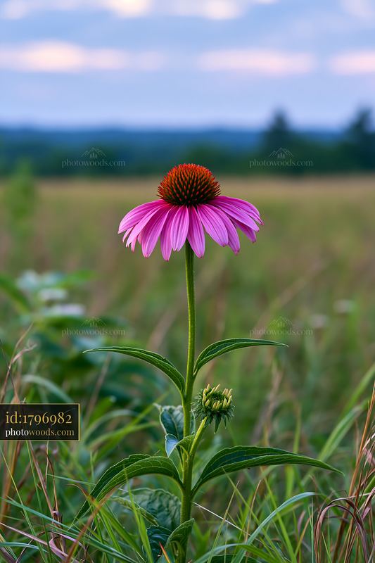 Purple echinacea flower blooming in a prairie meadow