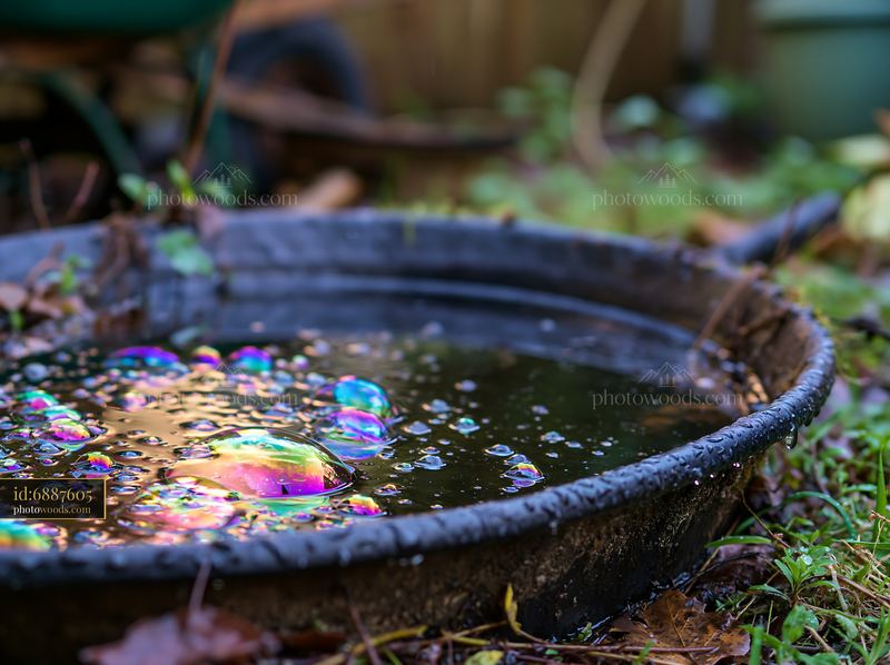 Rainbow oil droplets on water surface in a garden setting