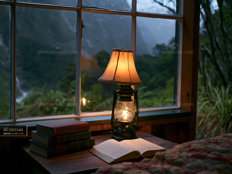 Rain falls on mountains visible through cabin window