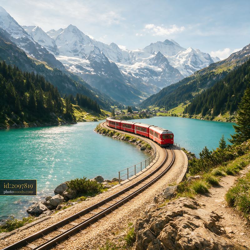 Red railway train beside an alpine lake and snowy mountains