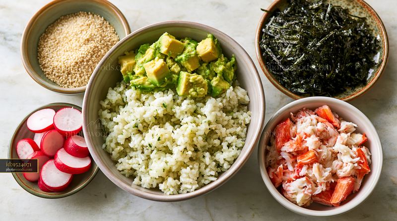 Sushi ingredients arranged on counter for preparation