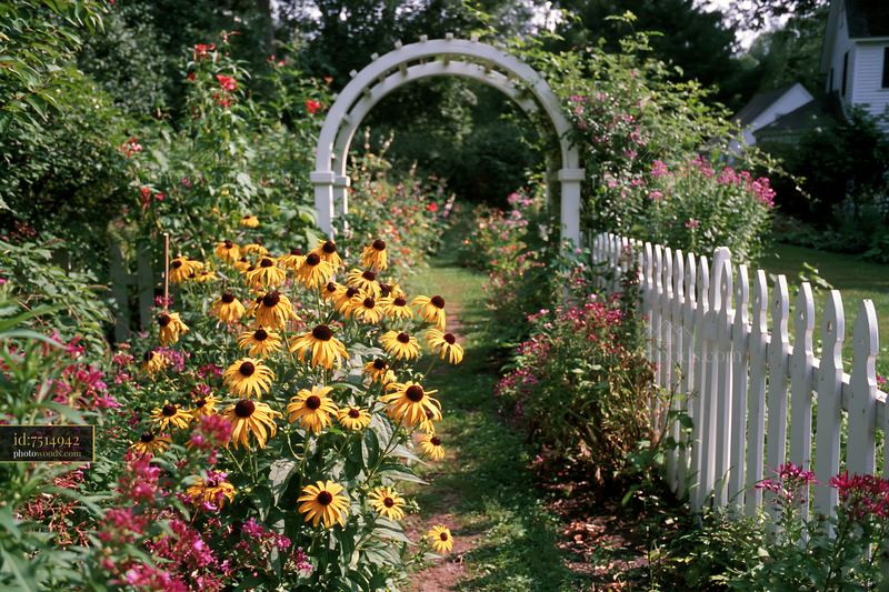Rudbeckia flowers beside a garden path in sunlight