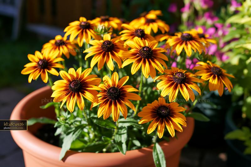 Rudbeckia flowers blooming in sunlight in a garden pot