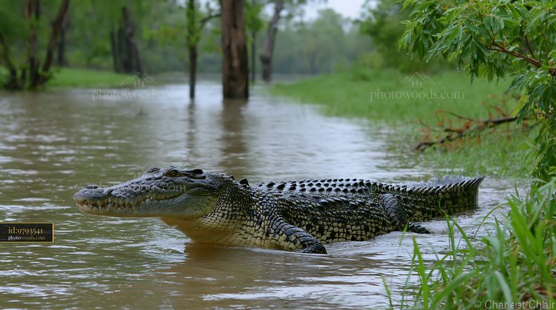 Saltwater crocodile swimming through a green wetland