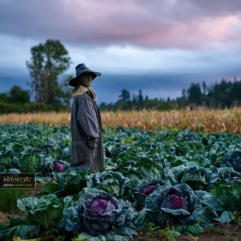 Scarecrow in a cabbage field beneath dramatic storm clouds