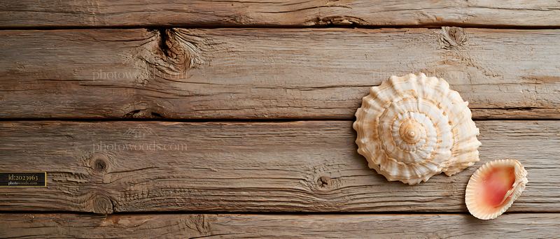 Seashells on Weathered Driftwood Planks