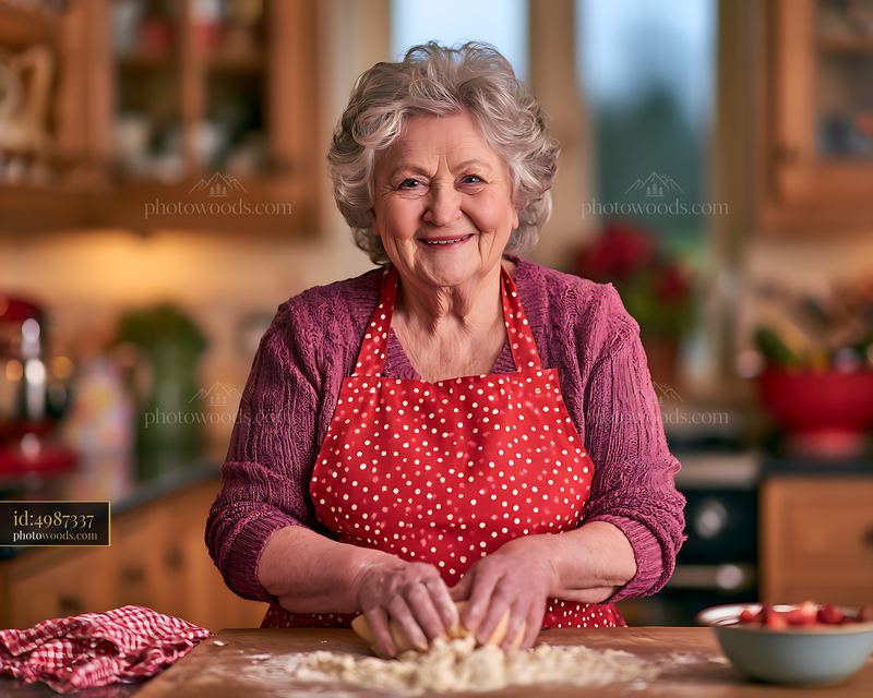 Senior Woman Baking in a Cozy Kitchen With Dough and Strawberries