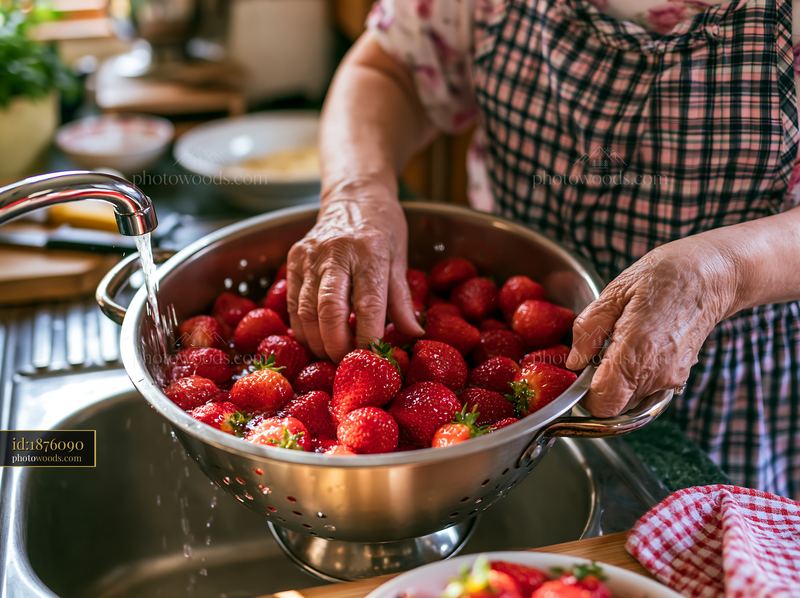 Senior woman washing strawberries in the kitchen sink