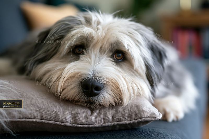 Shaggy dog resting on a sofa cushion at home