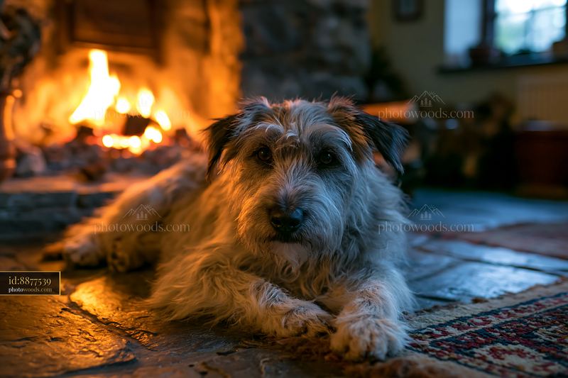 Long-haired dog relaxing beside a glowing fireplace