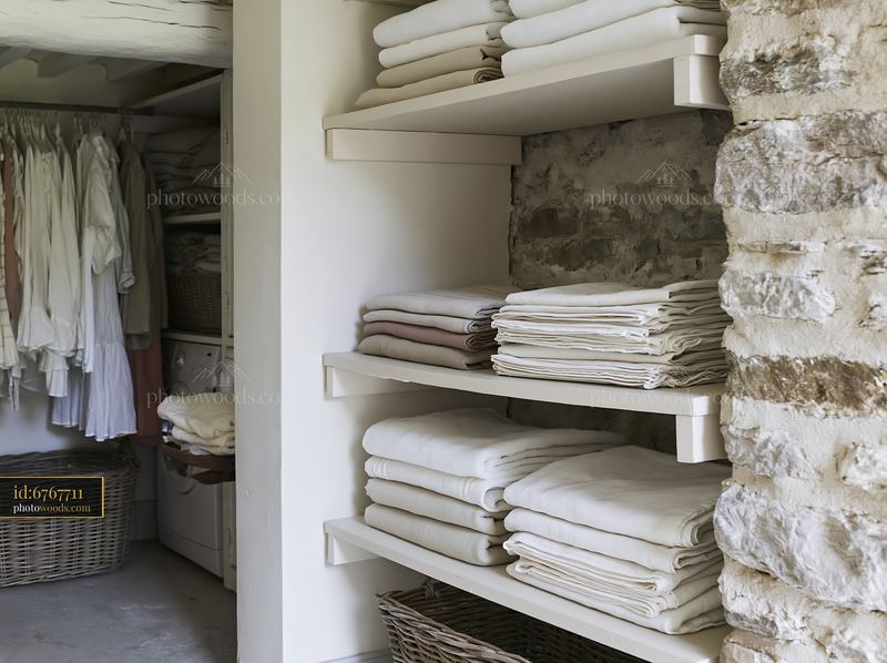 Cozy farmhouse with stone wall and folded linens