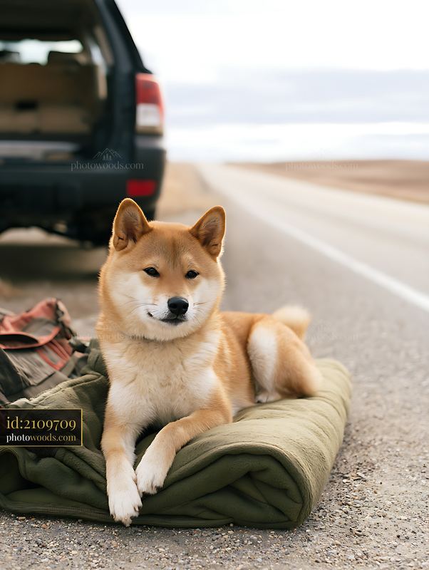 Shiba Inu resting on a folded blanket beside a vehicle