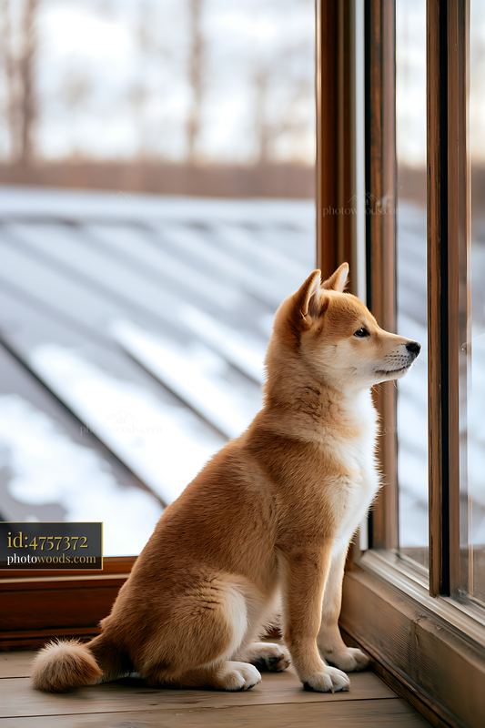 Shiba Inu Looking Through a Window at a Snowy Winter Landscape