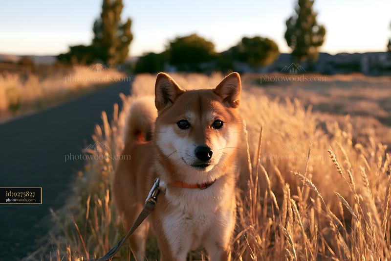 Shiba Inu standing in tall grass at golden hour