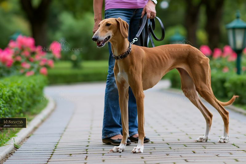 Slender dog on leash with handler in a landscaped garden