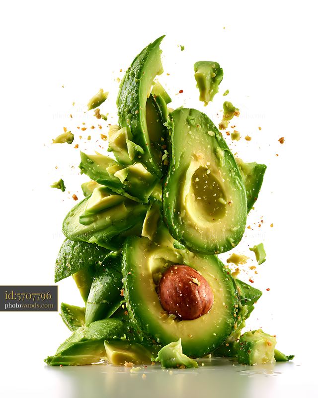 Sliced avocado pieces scattered in the air with splashes