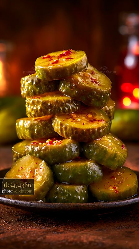 Stack of sliced pickles with chili on a dark plate