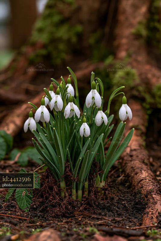 Snowdrop flowers beneath trees in a woodland setting