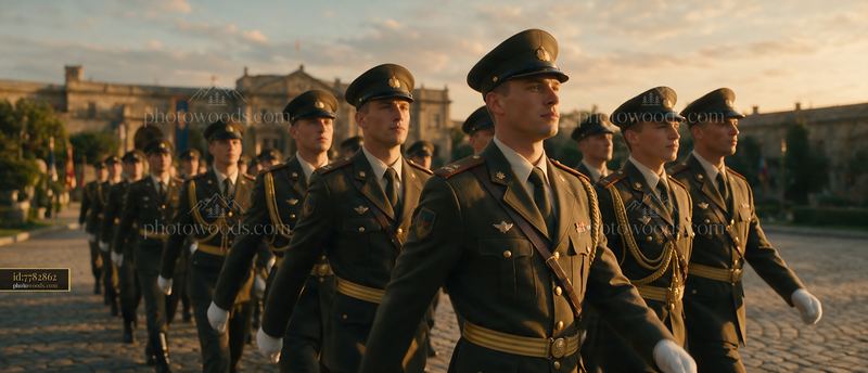 Soldiers march together down a cobblestone street at sunset