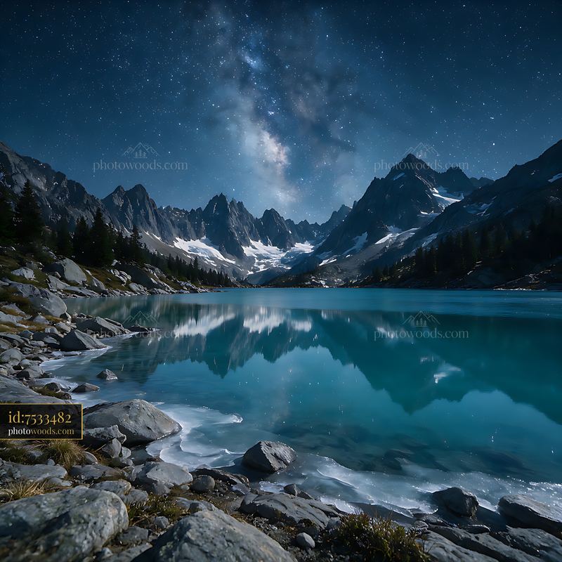 Starry night over Swiss mountains and lake