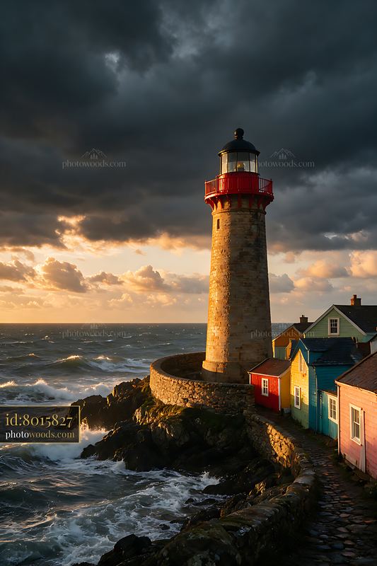 Lighthouse beside colorful coastal cottages at sunset