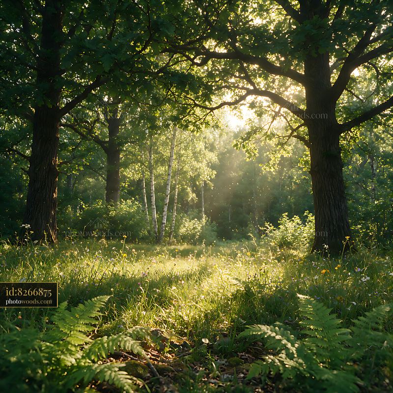 Shaded meadow in woodland clearing surrounded by trees
