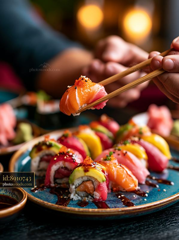Modern sushi presentation close-up with colorful fish and sauces