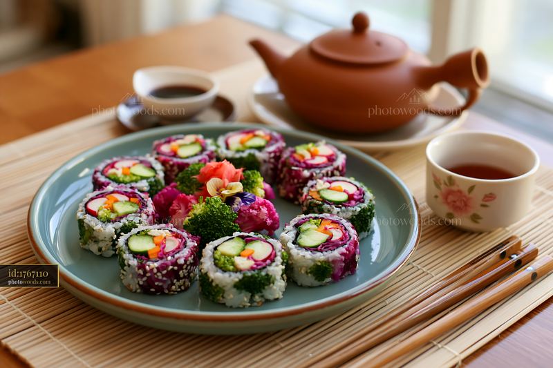 Sushi served with tea on a wooden table
