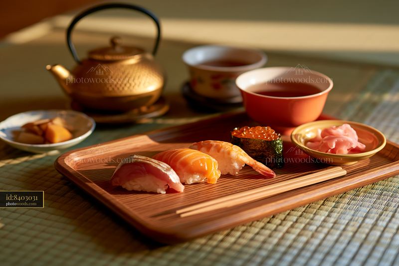 Sushi served with tea on a wooden tray in a warm setting
