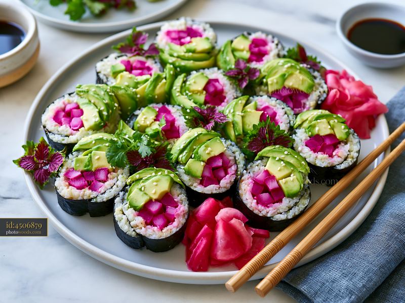 Sushi with shiso leaves served on a round plate