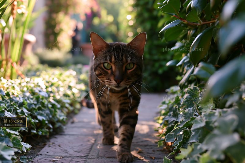 Tabby cat walking along a leafy garden path