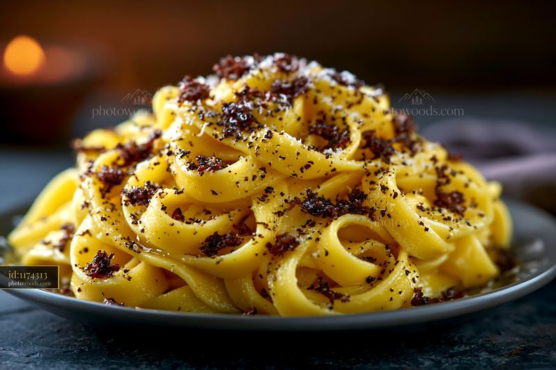 Tagliatelle With Shaved Truffles on a Dark Plate