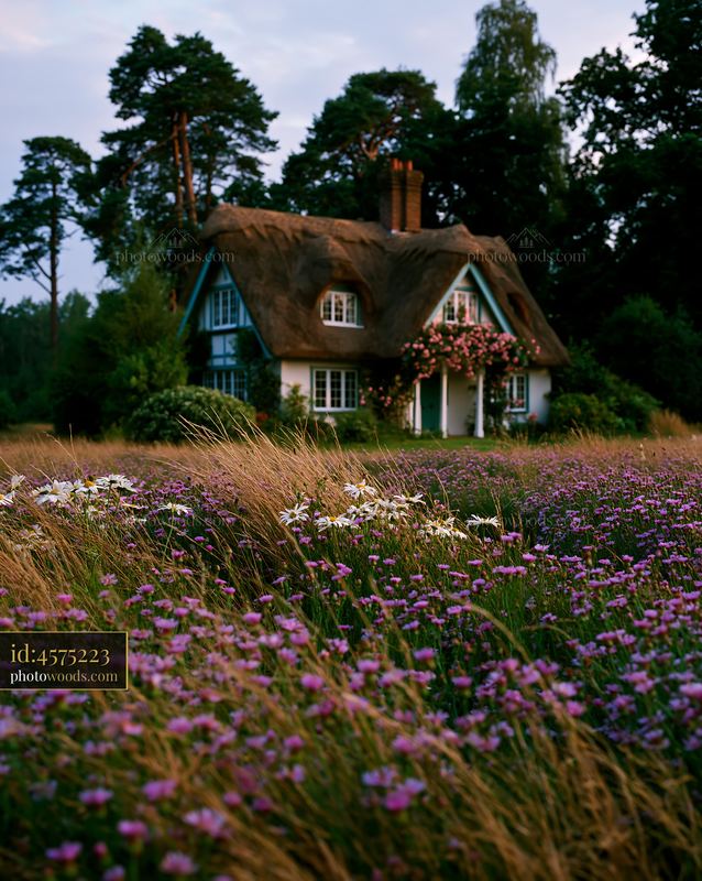 Thatched Cottage Surrounded by Wildflowers in the Countryside