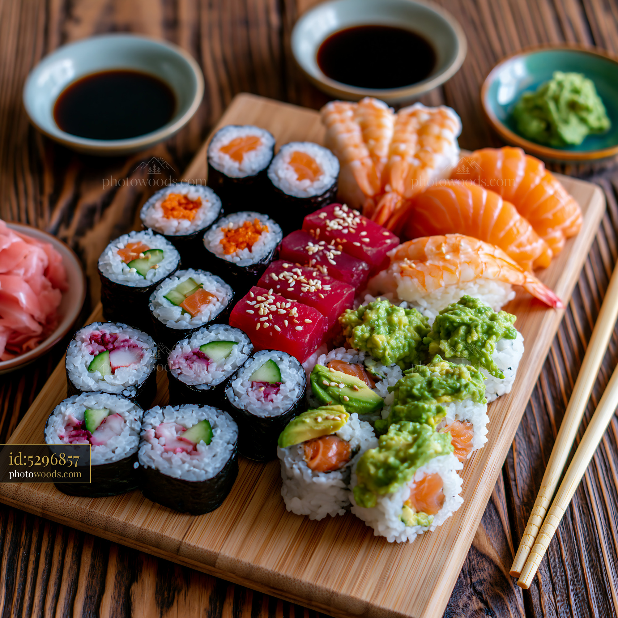 The assorted sushi platter on wooden table features various types of sushi including rolls, sashimi, and accompanying dipping sauces.