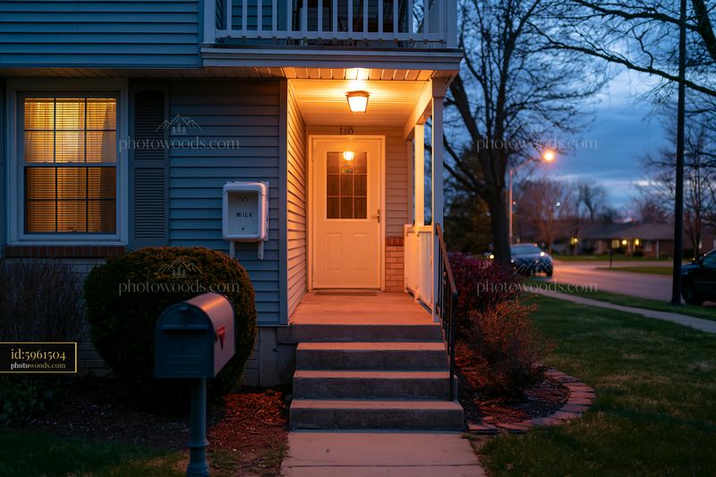Apartment doorstep with insulated milk delivery box at dusk