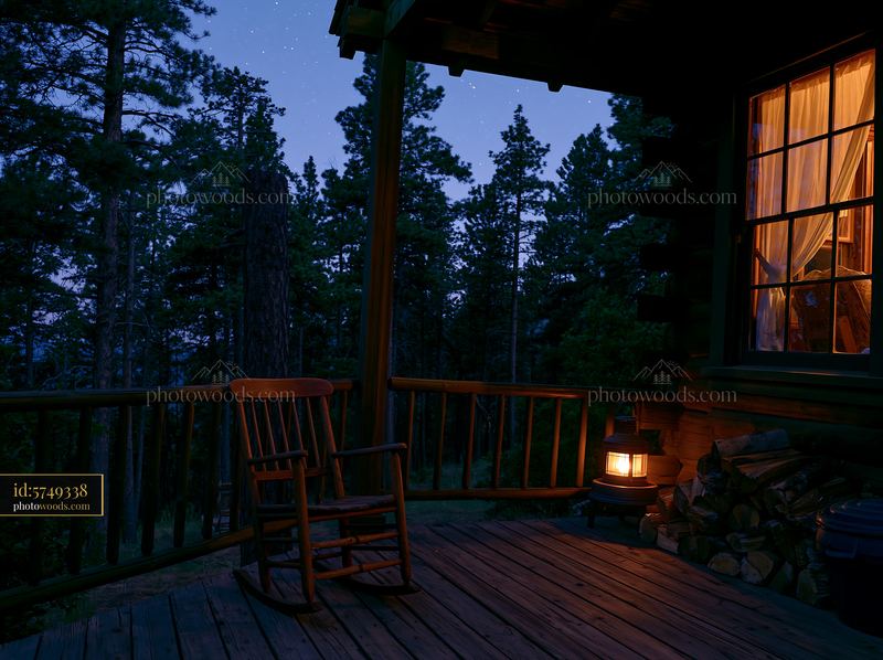 Starry night over a pine forest with a cabin porch