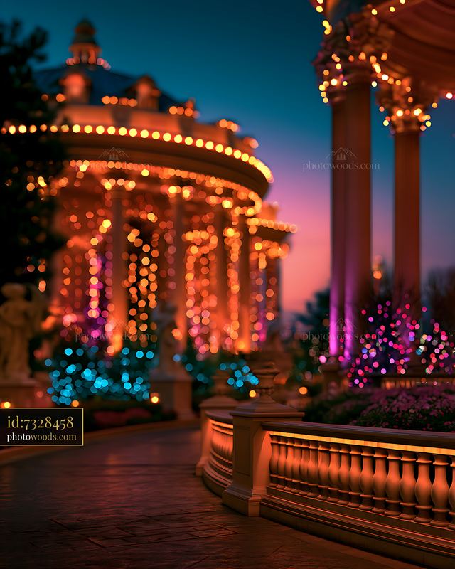 Evening lights decorate a garden colonnade with colorful displays