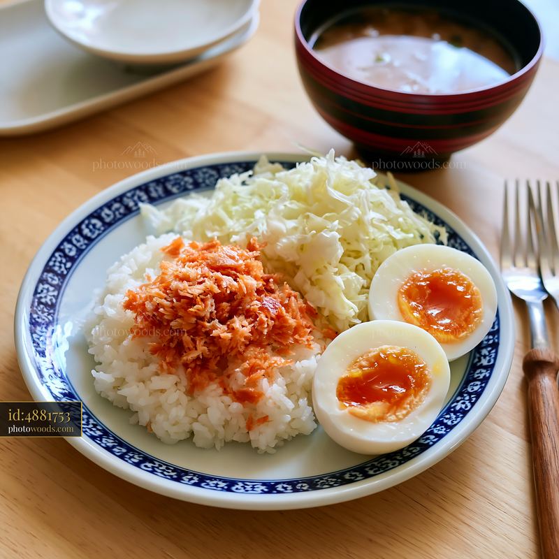 Breakfast plate with Japanese breakfast featuring rice and egg