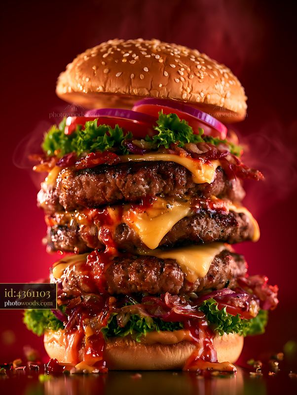 Big hamburger with three beef patties and fresh vegetables