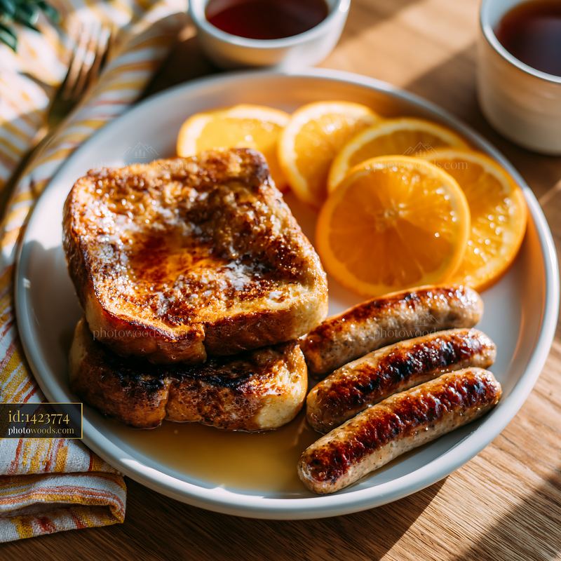 Delicious breakfast plate with sausage and french toast