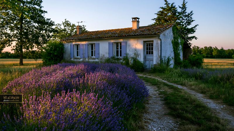Old cottage with weathered facade surrounded by lavender fields