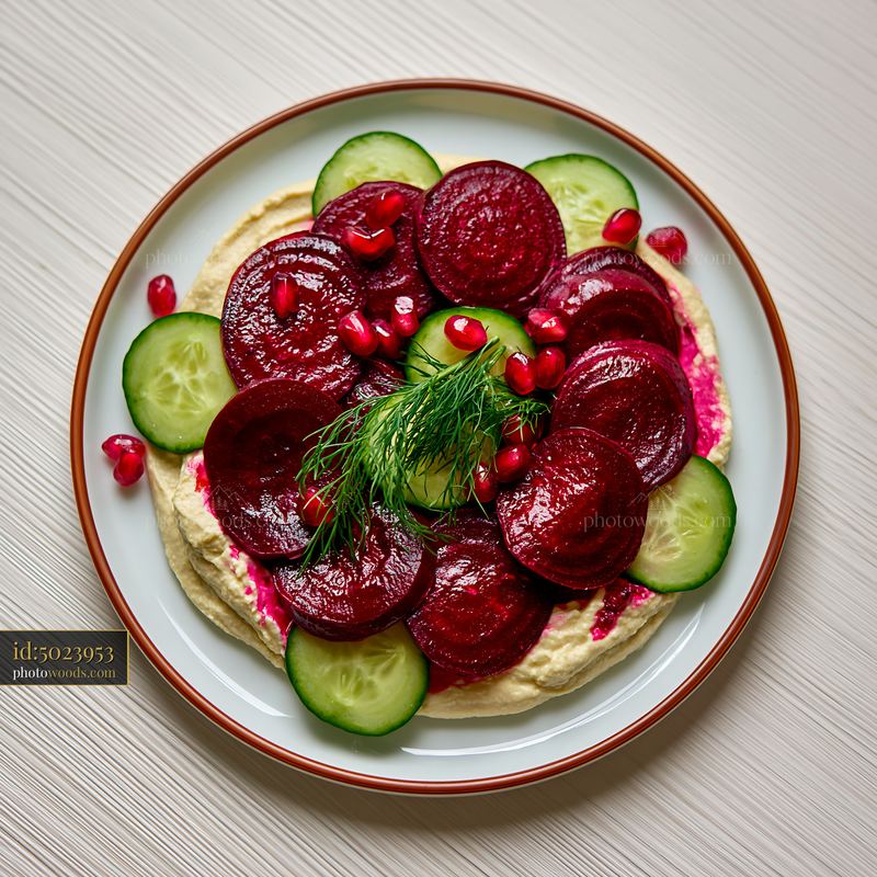 Breakfast plate with hummus, beets, cucumber, and pomegranate