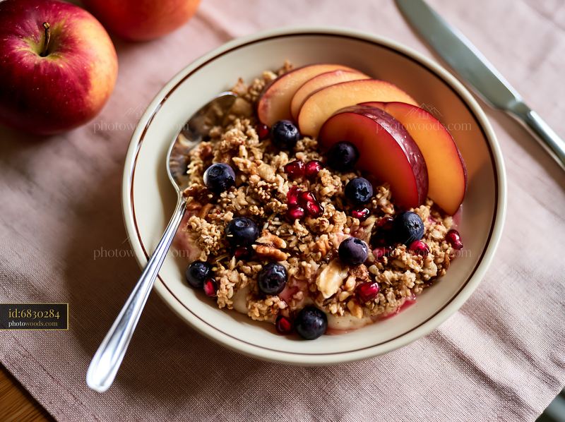 Breakfast plate with muesli, apples, and berries