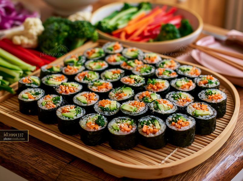 Vegan sushi platter with colorful vegetables on a wooden tray